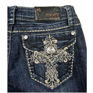 Grace in LA Blue Jeans Denim Boot Cut Plus Size 17 19 Rhinestone Cross 