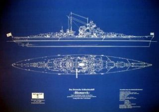 WW2 German Battleship BISMARCK Blueprint Plan 24x36 big blue 
