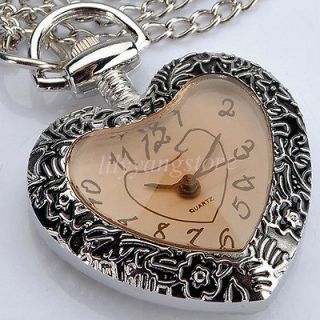   Silver Heart shape Pandent Quartz Pocket Watch Necklace Chain gift