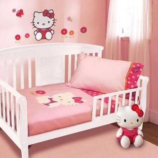 4pc Pink Polka Dot Hello Kitty Floral Butterfly Toddler Size Bedding 