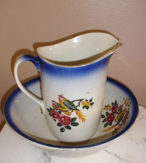 Antique Wash Bowl and Pitcher Birds and Floral Design (SRW170)