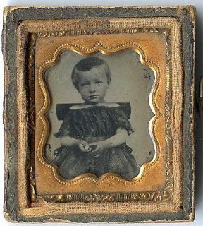 16th Plate Ruby Ambrotype of Little Boy in Dress, Half Case