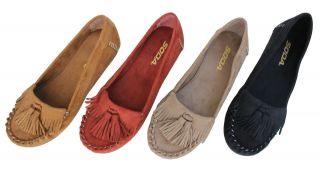 Women Fringe faux Suede Slip On Flat Moccasin British Tan ,Rust, Taupe 