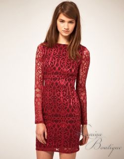   Contrast Lace Bodycon Cocktail Dress Sz 8 10 12 Berry Red Black Party