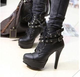 Cool Womens Black Punk Studded High Heels Platform Lace Up Ankle Boots 