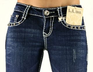 LA Idol Cherished Hearts White Leather Stitch Boot Cut Denim Jeans 