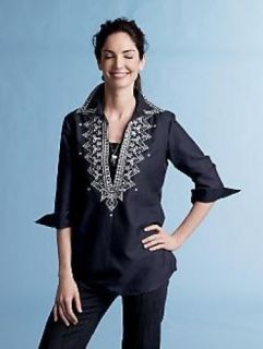 NEW TALBOTS Women 66%Cotton 34%Silk Blouse Dark Blue Embroidered 24W 