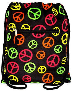 Black PEACE SIGN Multi NEON DRAWSTRING BACKPACK Cinch Sac Tote Sports 
