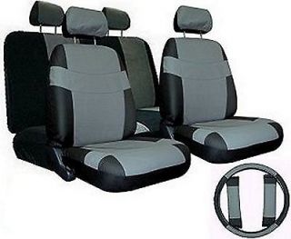 GREY BLACK Car Seat Covers SET w/ Steering Wheel Cover & Belt Shoulder 