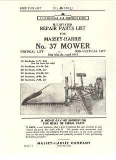 Illustrated Repair Parts Manual Massey Harris # 37 Mower Horse Drawn 