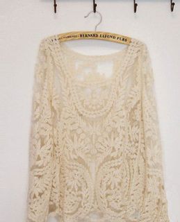 Womens Beige Lace Retro Floral Knit Top T Shirt Waistcoat Pullover 