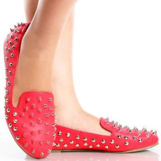 Red Spike Studded Punk Faux Leather Slip On Loafers Women Flats Shoes 