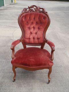 WALNUT VICTORIAN PARLOR CHAIR FOR THE MAN WITH ARMS & HIGH BACK
