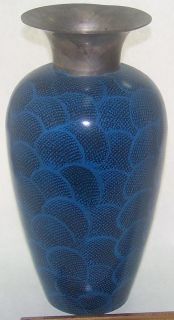 Vintage 11 Tall Blue Painted Solid Brass Vase India