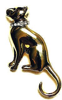 VINTAGE EGYPTIAN MAU CAT PIN ELEGANT SHINY GOLD KITTY W RHINESTONE 