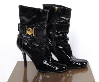 GUCCI Authentic Black Patent Leather Zip Up Ankle Heel Boots Vernice 