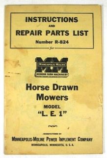 Minneapolis Mo​line Horse Drawn Mowers Model L. E. 1 Instructions 