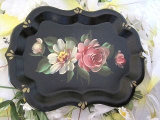 Vintage Tole Hand Painted Country Pink Roses Chippendale Toleware 