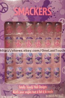 SMACKERS 24 Press On/Pre G​lued Nails PEACE SIGN/STARS Print~Purple 