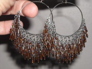 Ali Khan Cake Hoop Earrings Dangling Brown Opague Crystals 3 Inch 