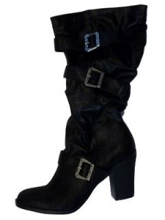 womens sexy black biker chic boots with buckles
