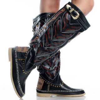 Black Western Cowboy Cut Out Rockabilly Womens Flat Knee High Boots 