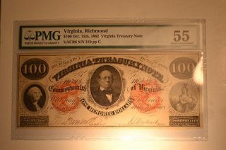 Richmond, VA   Virginia Treasury Note $100 Oct. 15, 1862 PMG AU 55