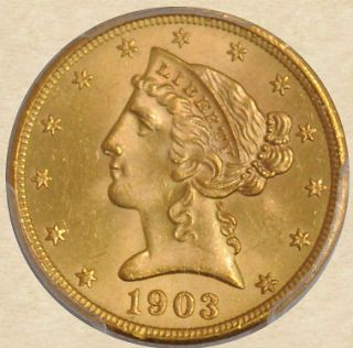 1903 s $ 5 gold liberty ms65 pcgs one day