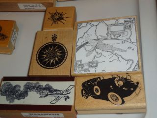 Wood Mounted Rubber Stamps plane antique transportation compass 
