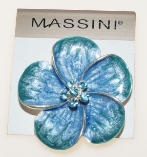   MASSINI BLUE GREEN ENAMEL PLUMERIA SILVER TONE FLOWER 1.75 PIN BROOCH