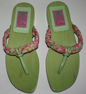 LILLY PULITZER Pink and Green Thong Sandals   Size 7   wooden WORN 