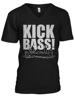 Kick Bass! Fishing Boat Smallmouth Striped Hook Line Rod Mens V Neck 