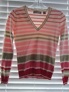 liz claiborne pink red tan striped v neck sweater sz