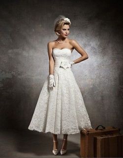 Tea length white/ivory Lace A line Wedding dress Bridal Gown Size 