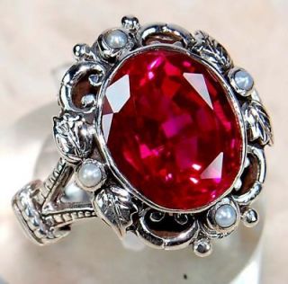 3CT Ruby Seed Pearl 925 Solid Sterling Silver Victorian Style Ring Sz 