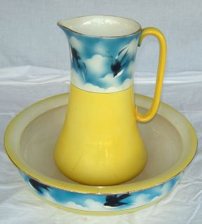 Large Antique Pitcher and Bowl   Yellow/Blue w/Swallows / PRICE 