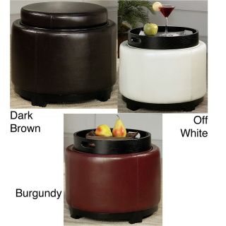 Manhattan Bicast Leather Round Ottoman with Tray   Off White