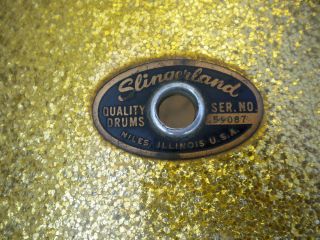 1965 SLINGERLAND 14X20 BASS DRUM SHELL AND BADGE. GOLD SPARKLE.
