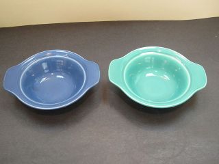   Vernon Kilns blue & green 7 7/16 lug handle soup bowls excond