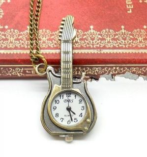 Antique Bronze Vintage guitar Music Quartz Retro Pocket Necklace Watch 