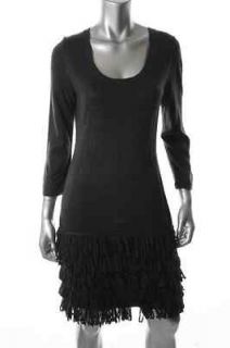Calvin Klein NEW Black Fringe Long Sleeves Scoop Neck Sweater Dress XL 
