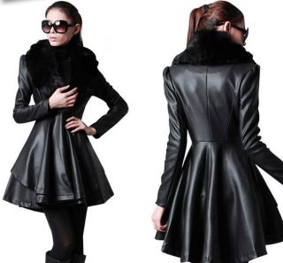 New Autumn Womens PU Leather Jacket Skirt coat Black Faux Fox Fur 