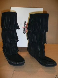 minnetonka fringe three layer mid calf black boots nib