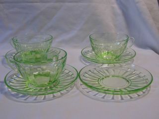 vintage GREEN depression Glass 3 TEA CUPS mugs & 4 SAUCERS plates