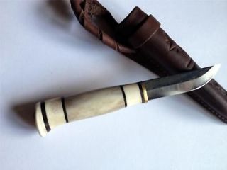 60mm Handmade Bushcraft Puukko Knife Reindeer Antler handle & Leather 