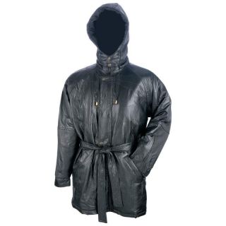 Genuine Black Leather Hooded Hood Long Jacket Coat Parka Size M L XL 