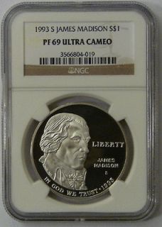1993 s ngc pf69 james madison proof silver dollar coin