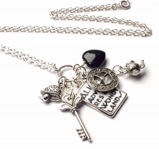 Silver Plated Alice in Wonderland Charm Necklace Picture/Key/Cl​ock 