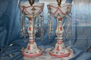   PAIR 2 BOHEMIAN CZECH Porcelain Lustres Mantle Table Lamps Crystals