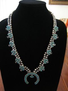   Vintage Zuni Sterling Turquoise Squash Blossom Naja Necklace, c1940s